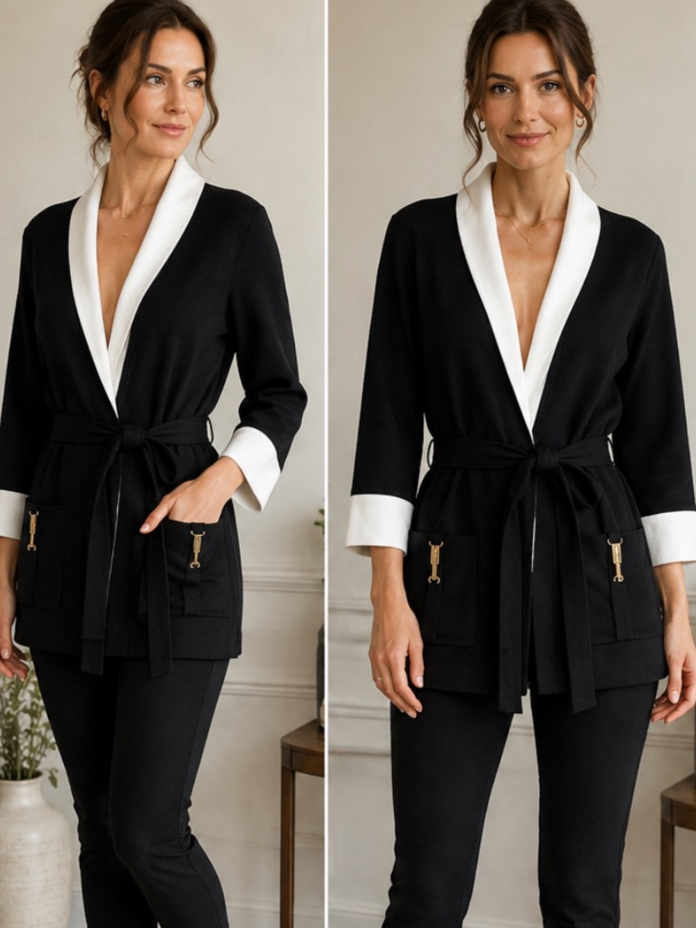 ESCADA Black & White Belted Jacket Blazer Gold Hardware Colorblock Luxury Small